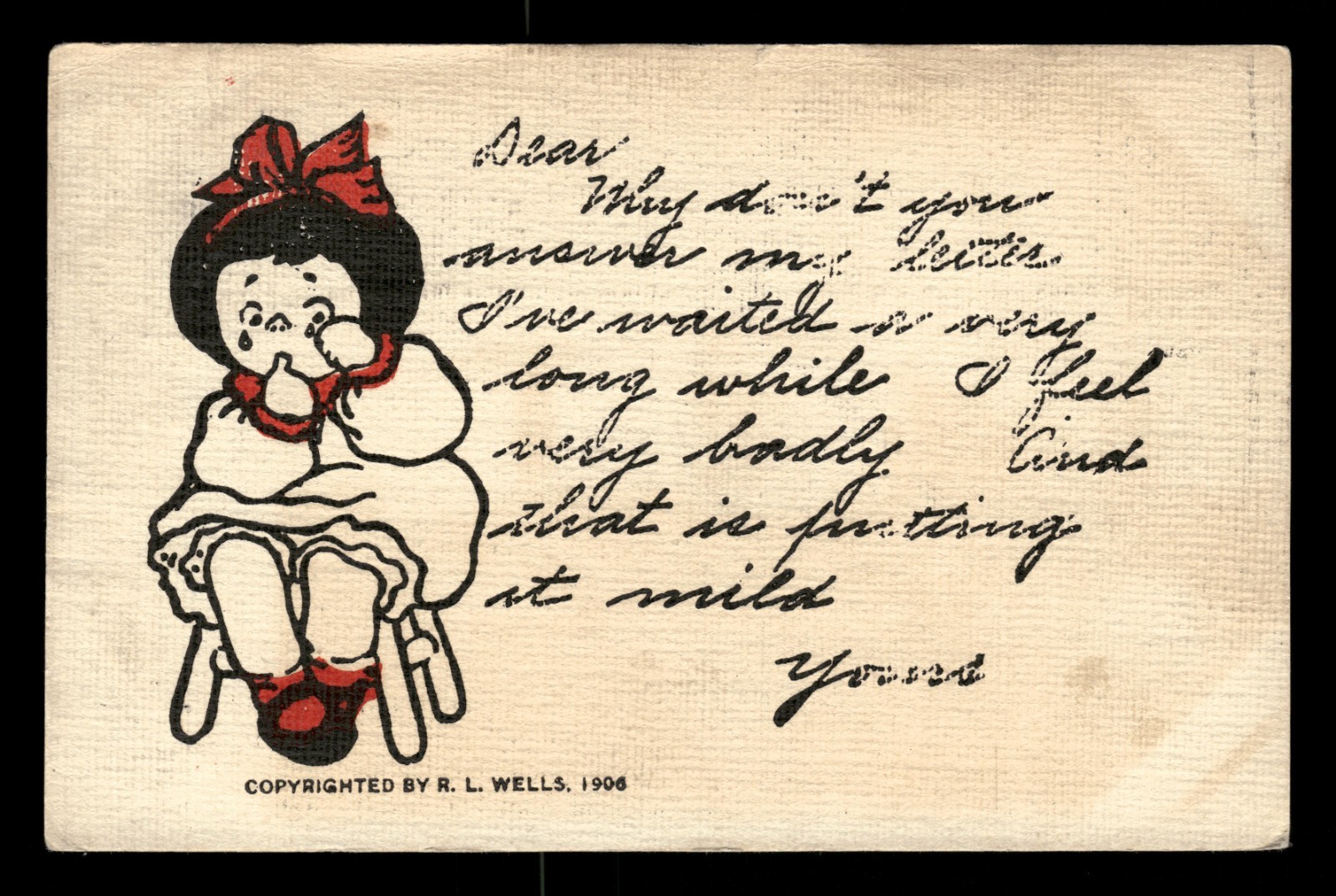 1906 R.L. Wells Vintage Cartoon Postcard Sad Girl with Red Bow Postmarked 1908