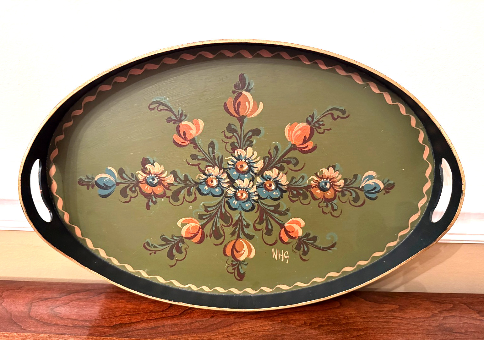 Vintage Dutch 'Hindeloopen' Hand-Painted Wooden Serving Tray - 1970's