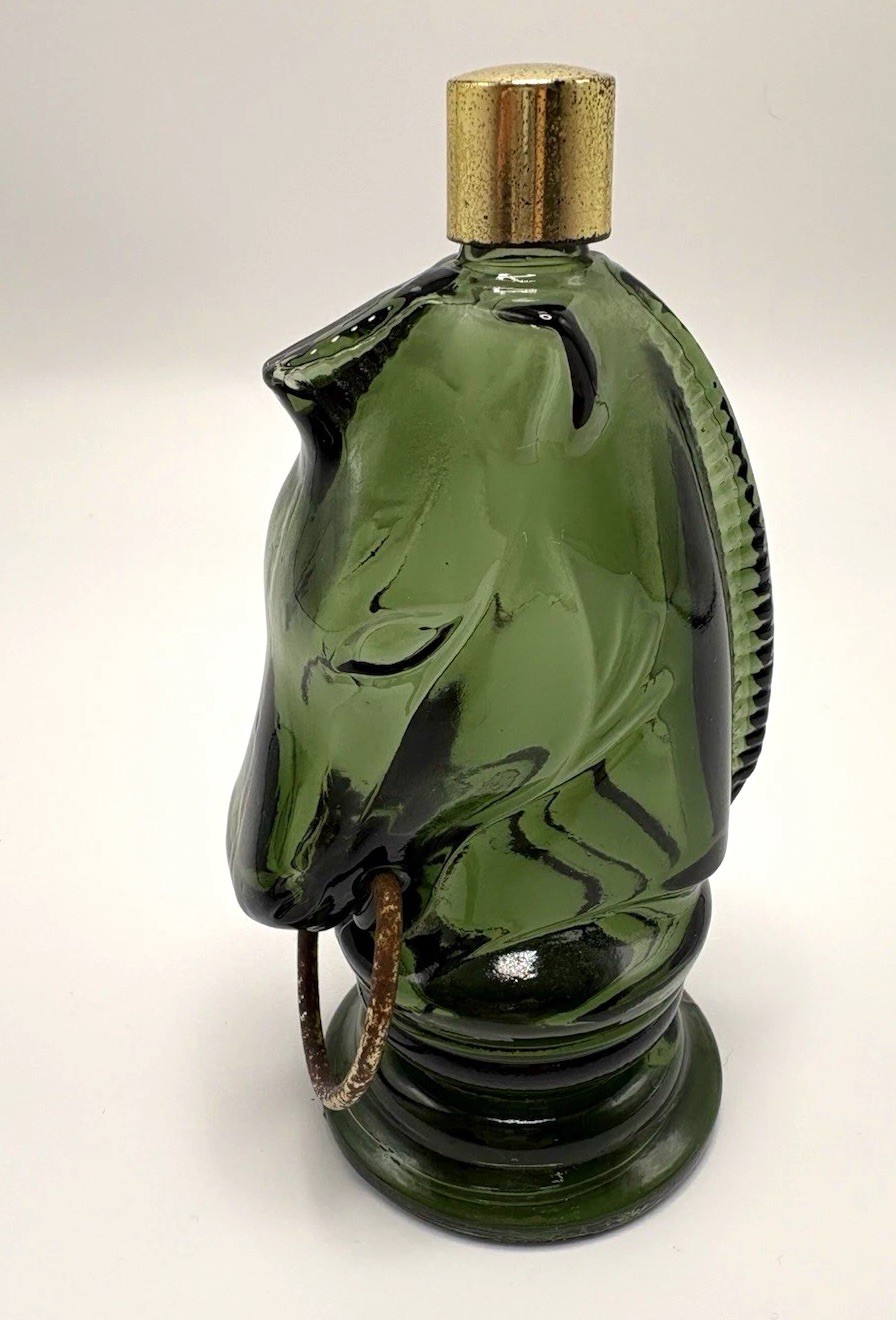 Avon Green Glass Horse Head Perfume Bottle with Decorative Gold Tone Cap