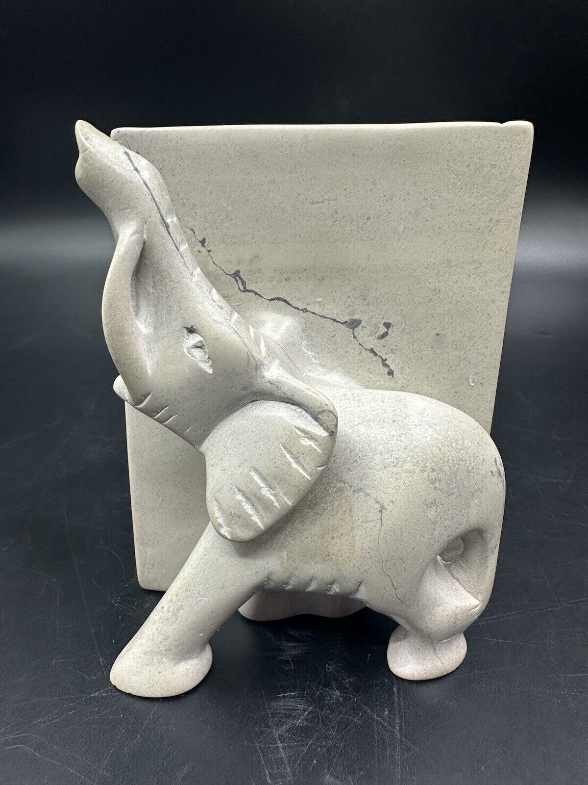 Vintage Hand Carved White Marble African Elephant Bookend Solid Heavy