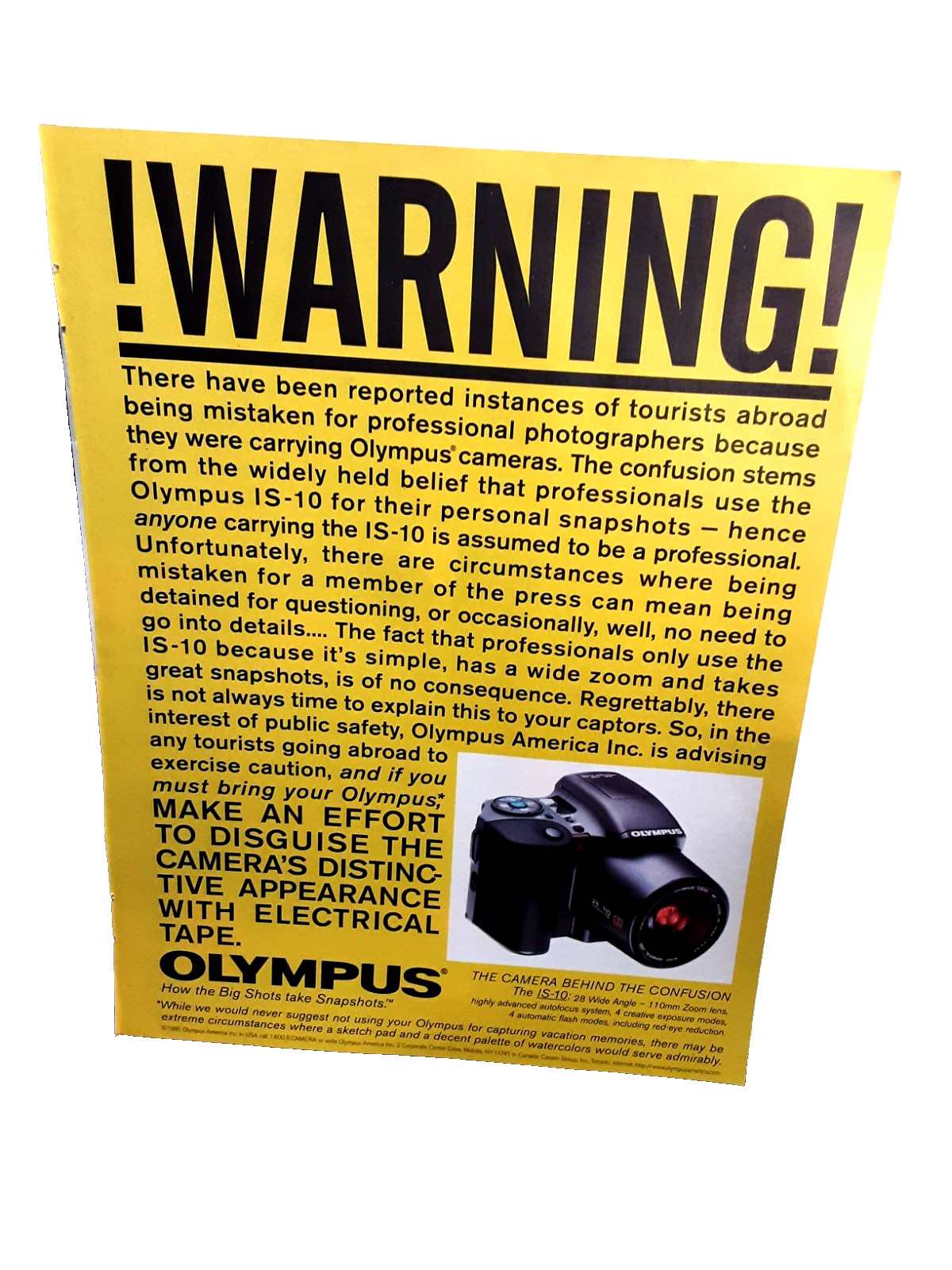 Olympus IS-10 1995 Vintage Camera Yellow Warning Ad