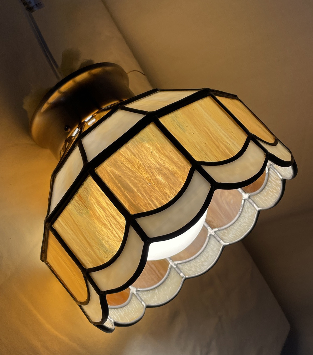 REWIRED Vtg Flush Mount Stained Glass Ceiling Light Farmhouse Mid Mod Amber Gold