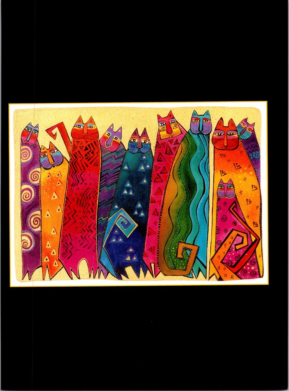 A Row Of Colorful Long- Bodied Cats Red Blue Green Laurel Burch Art Print 5A21