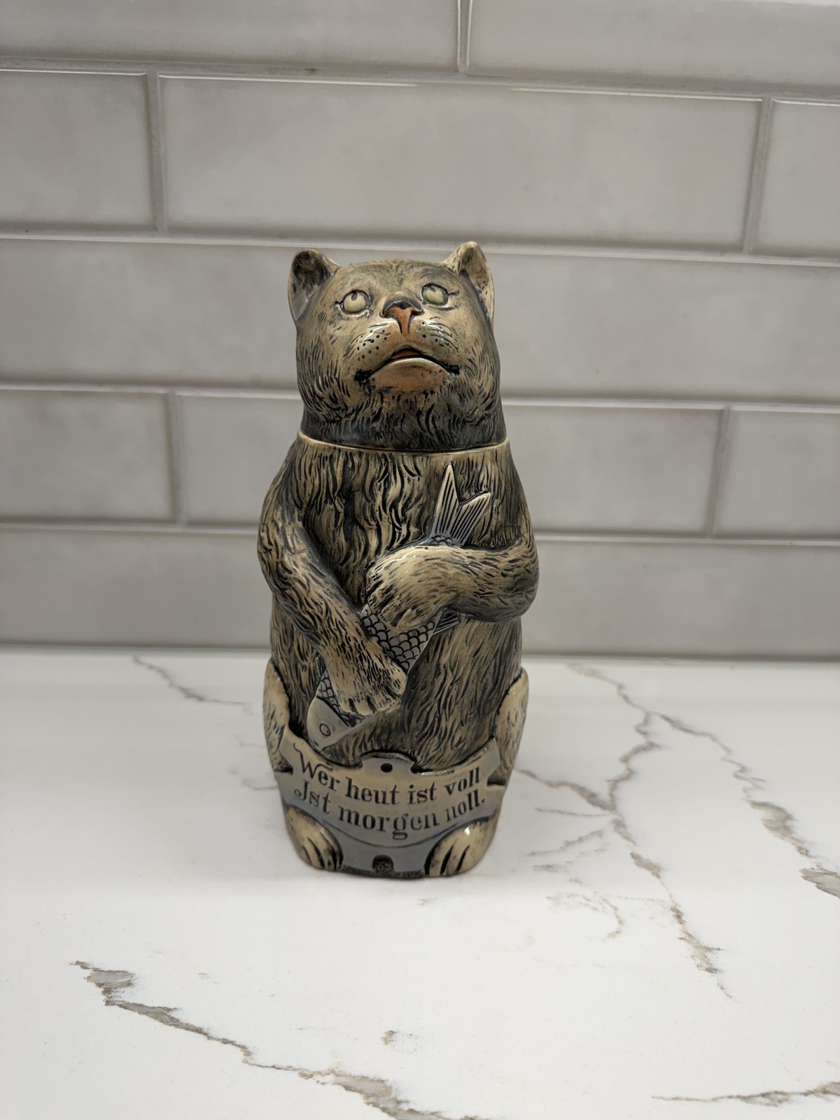 Vintage German cat & Fish Character Beer Stein Ceramic cat lid Pewter Mounts