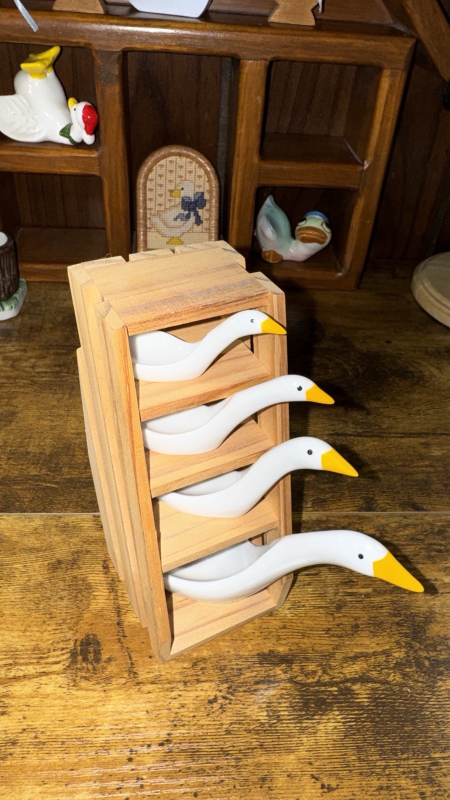 Vintage Avon Ceramic Geese Measuring Spoons with Original Wood Stand