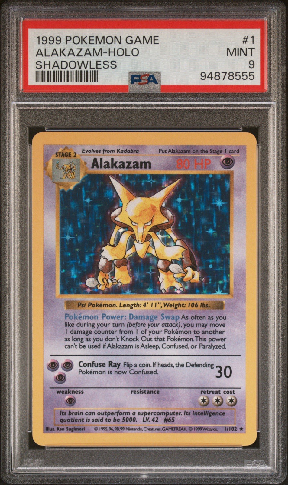 Pokemon 1999 Alakazam Holo Shadowless 1/102 PSA 9 WotC EN Ken Sugimori