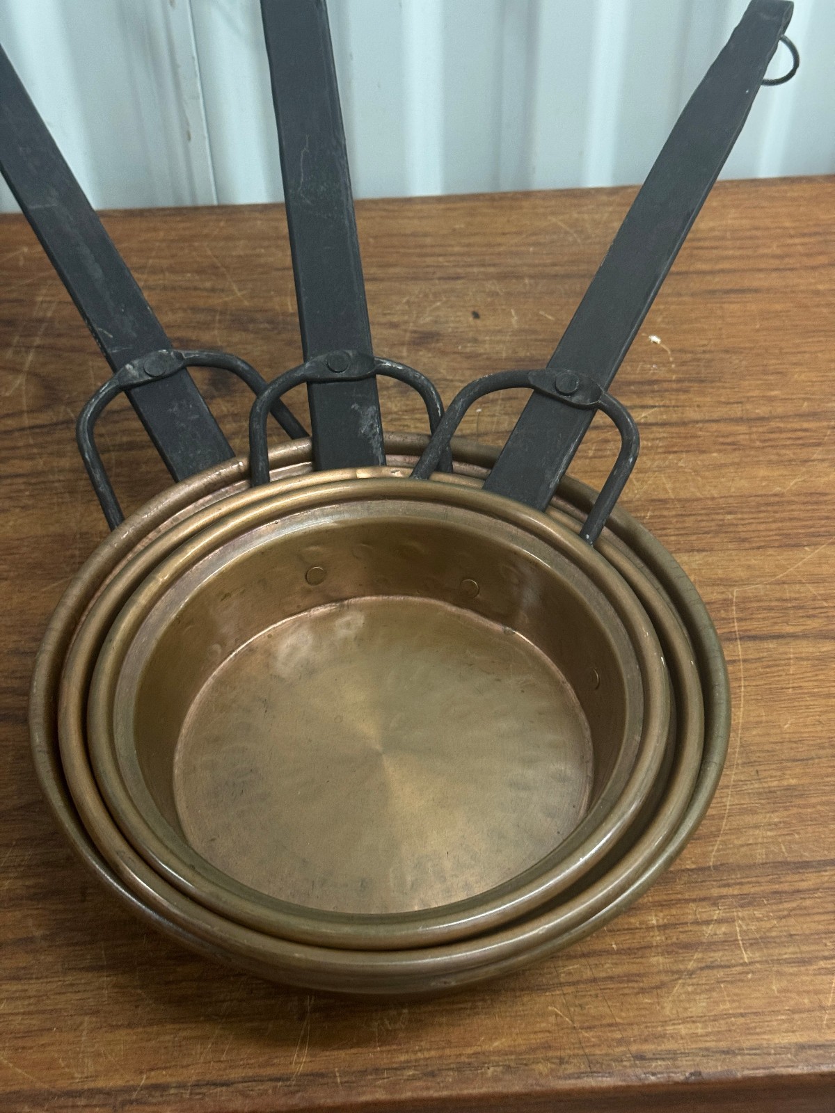 Antique Hammered Copper Pots Saucepan W/ Wrought Iron Handles Set Of 3
