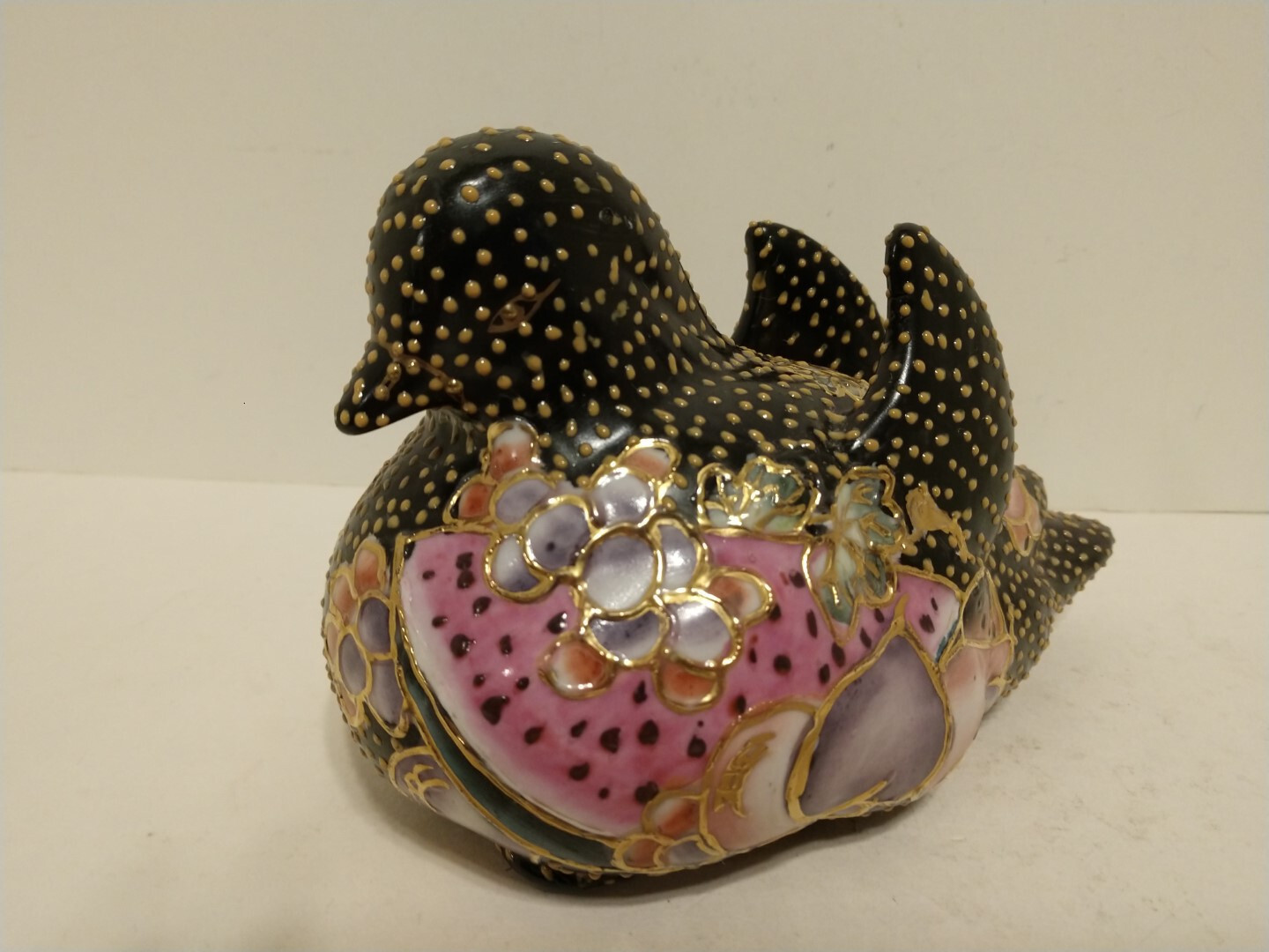 Vtg Venezia Porcelain Italian Style BIRD Figurine Handpainted Black Gold Floral