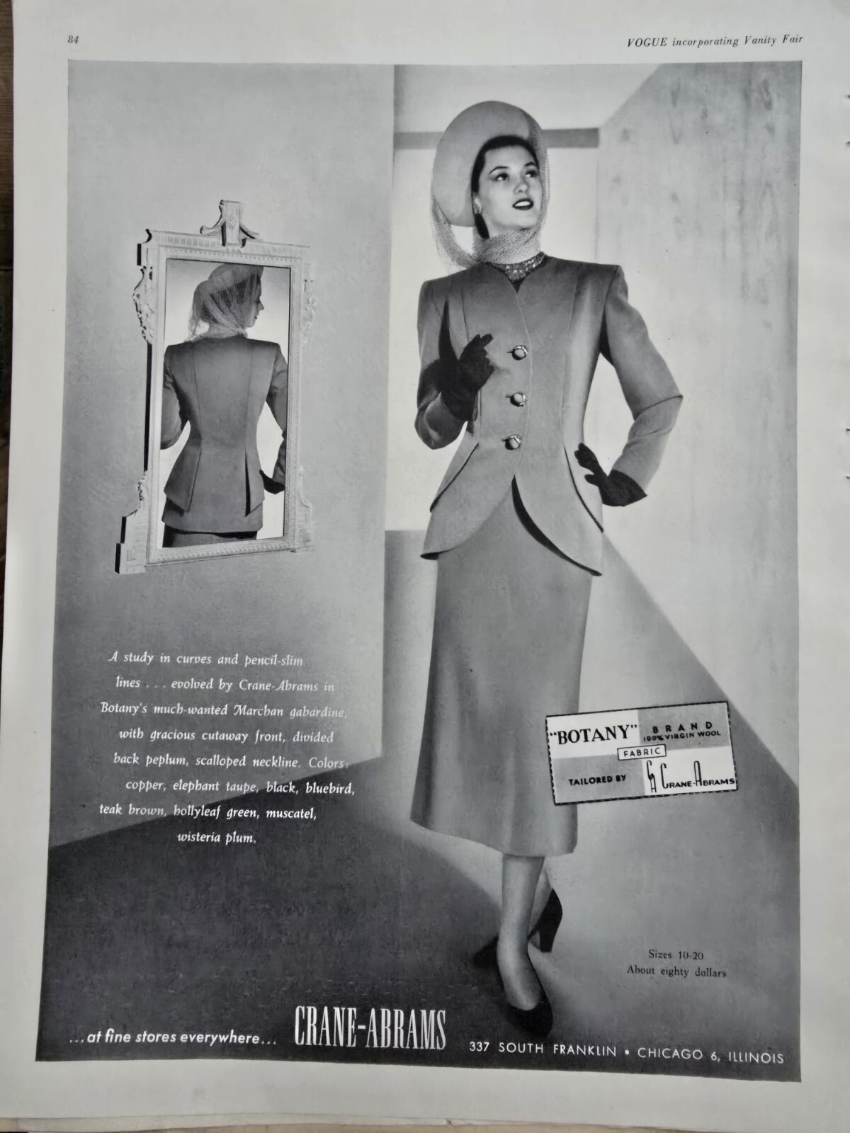 1948 Women's  Botany Brand Fabric suit Hat Crane-Abrams Vintage fashion ad