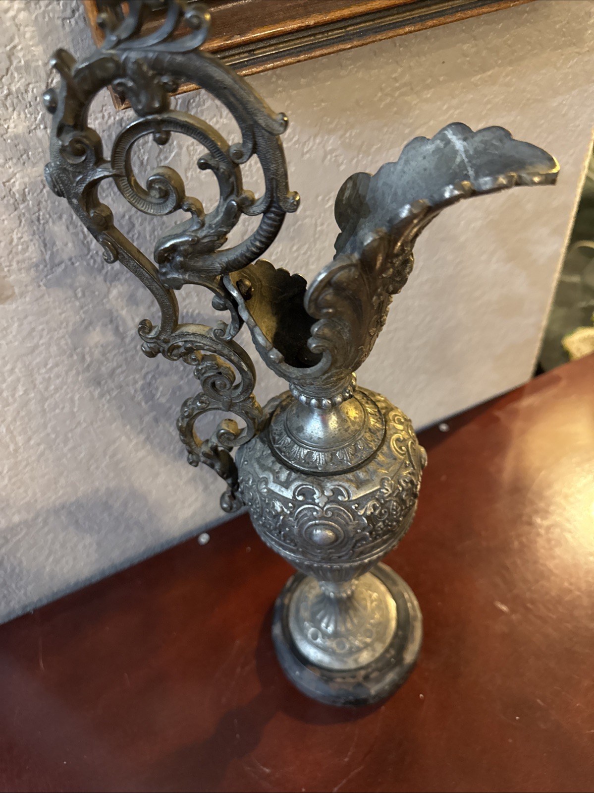 Antique Spelter Patina Presentation Ewer Dragon Handle Putti Scene