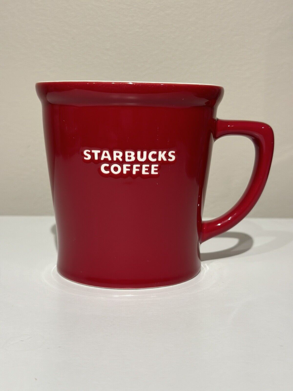 Starbucks 2009 Red New Bone China Embossed White Letters Coffee Mug Cup 16oz