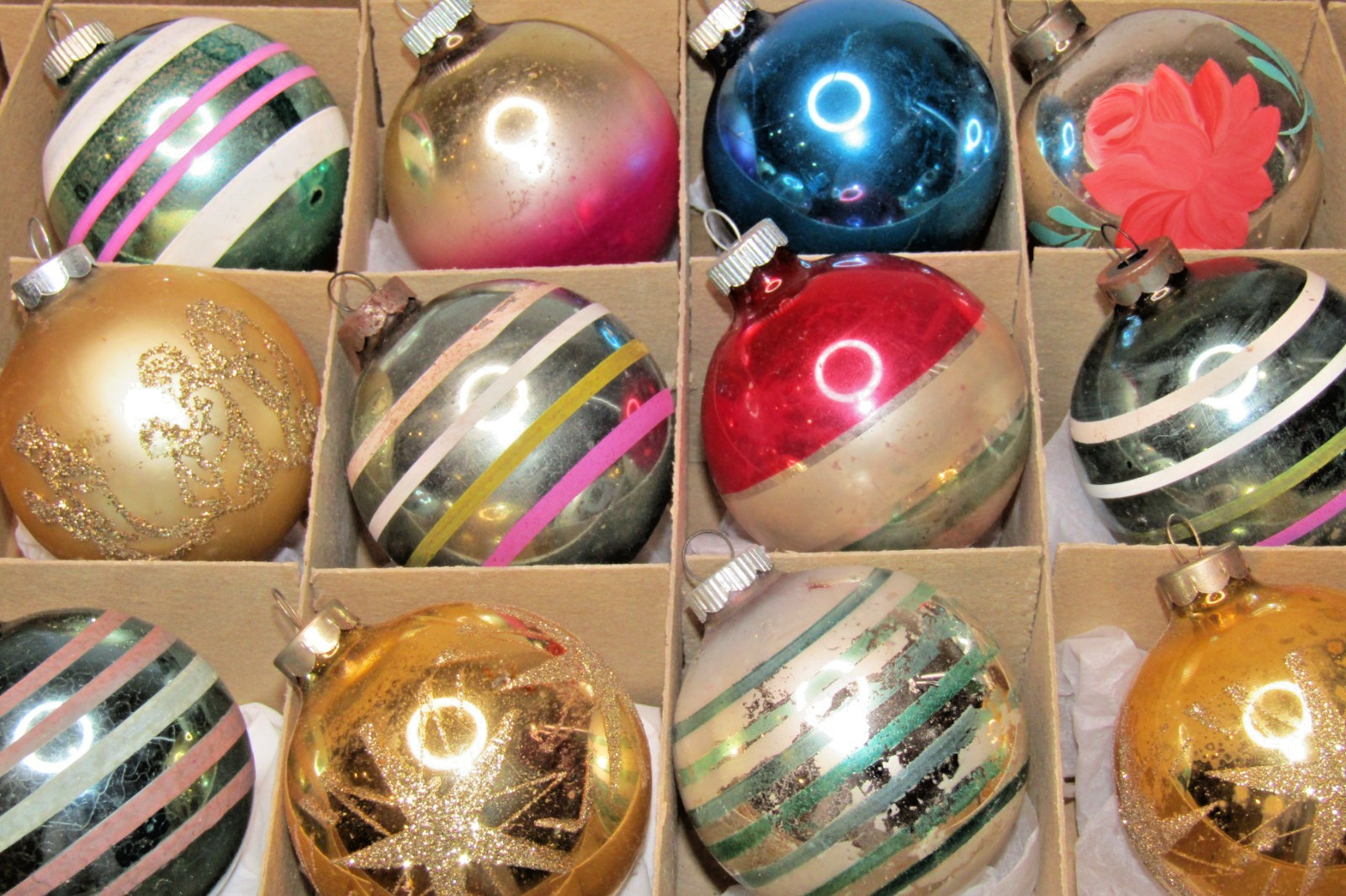 Lot Vintage Glass Striped Pictured Glitter BALL Christmas Ornaments Shiny Brite