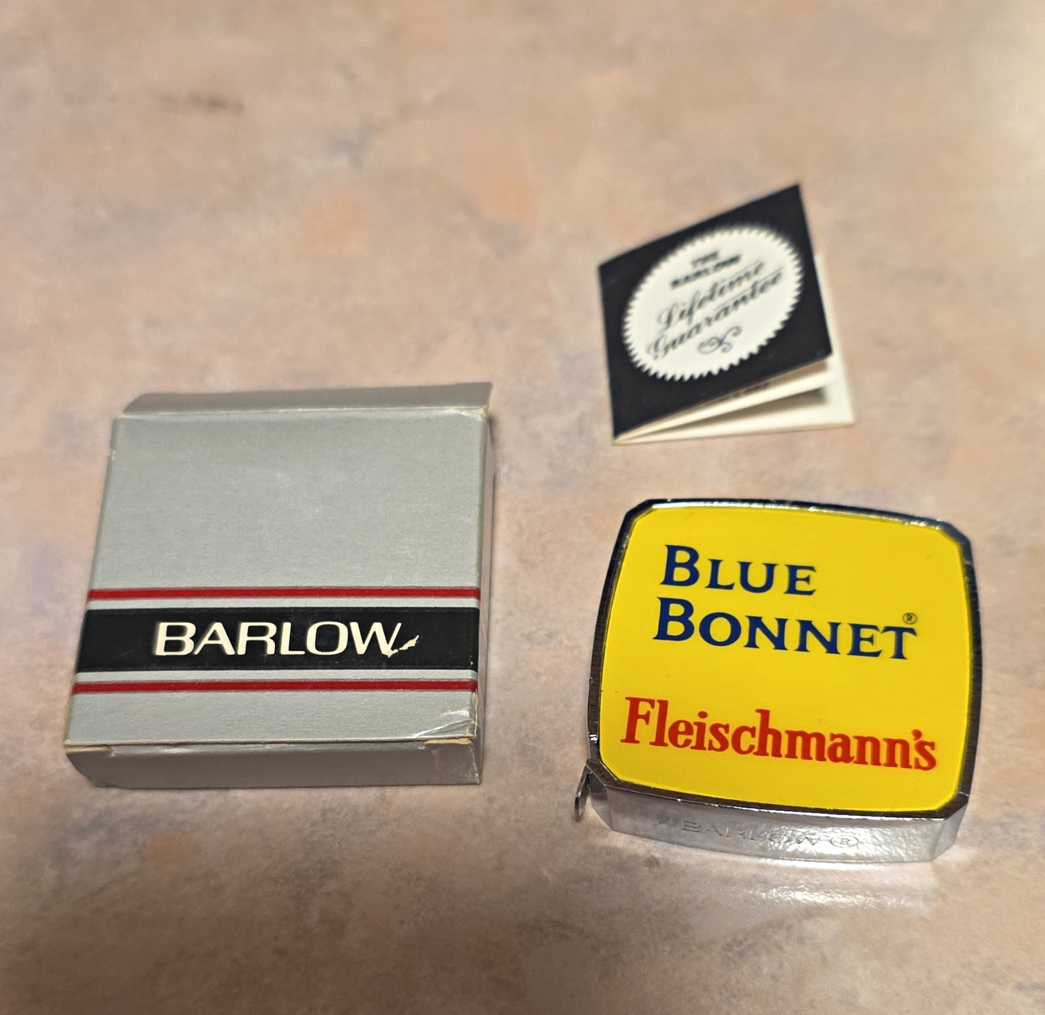 Barlow Vintage Advertising Tape Measure w/ Box, Blue Bonnet Fleischmann's NOS