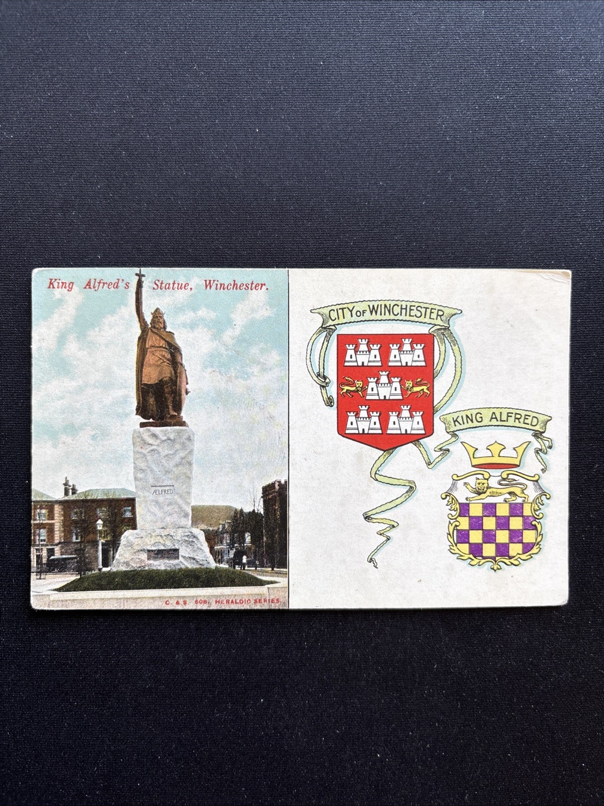 Antique King Alfred’s Statue Winchester Postcard City Coat of Arms Heraldic