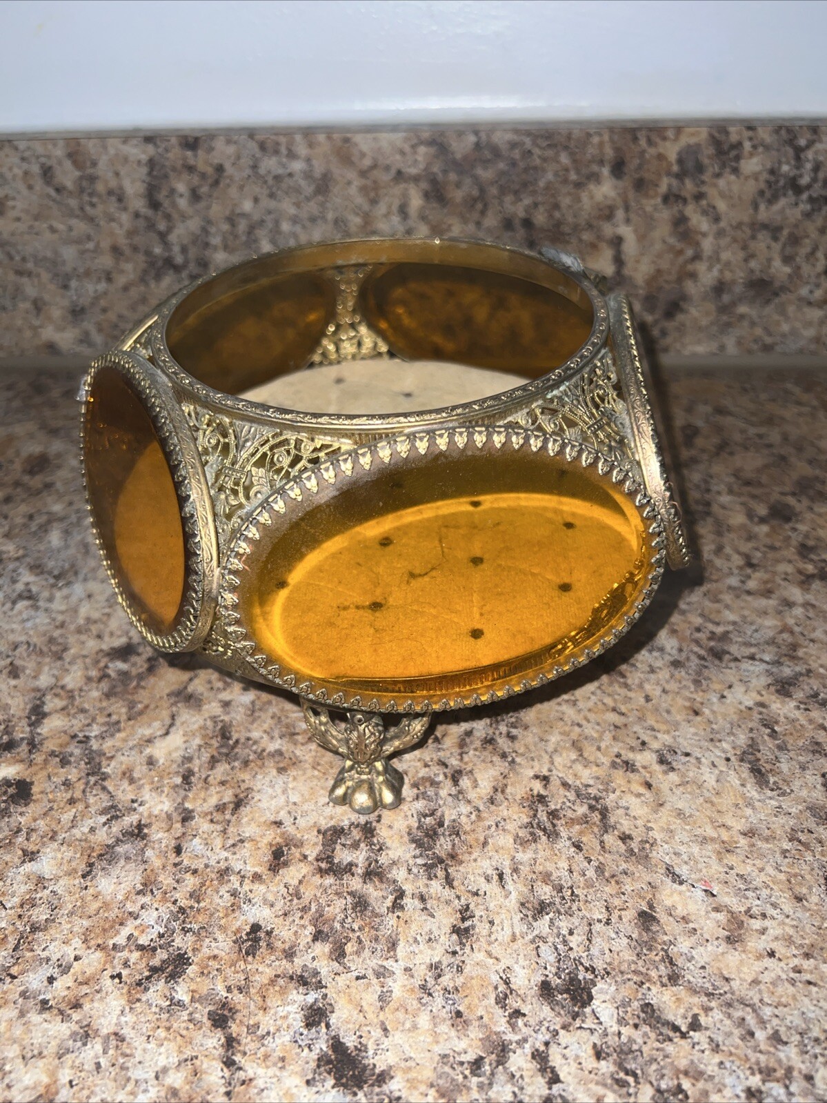 Vintage ORMOLU BRASS Filigree & Beveled GLASS JEWELRY Box CASKET Missing Top Lid Vintage ORMOLU BRASS Filigree & Beveled GLASS JEWELRY Box CASKET Missing Top Lid