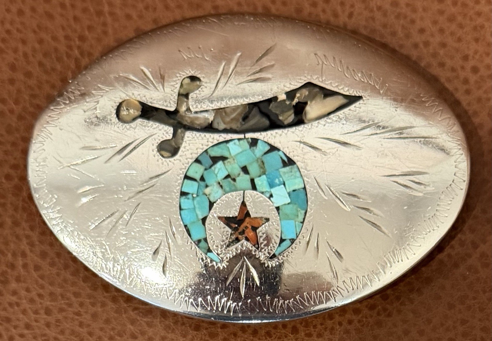 Vintage Kay Johnson Shriner Belt Buckle Turquoise Coral Inlay Broken Arrow