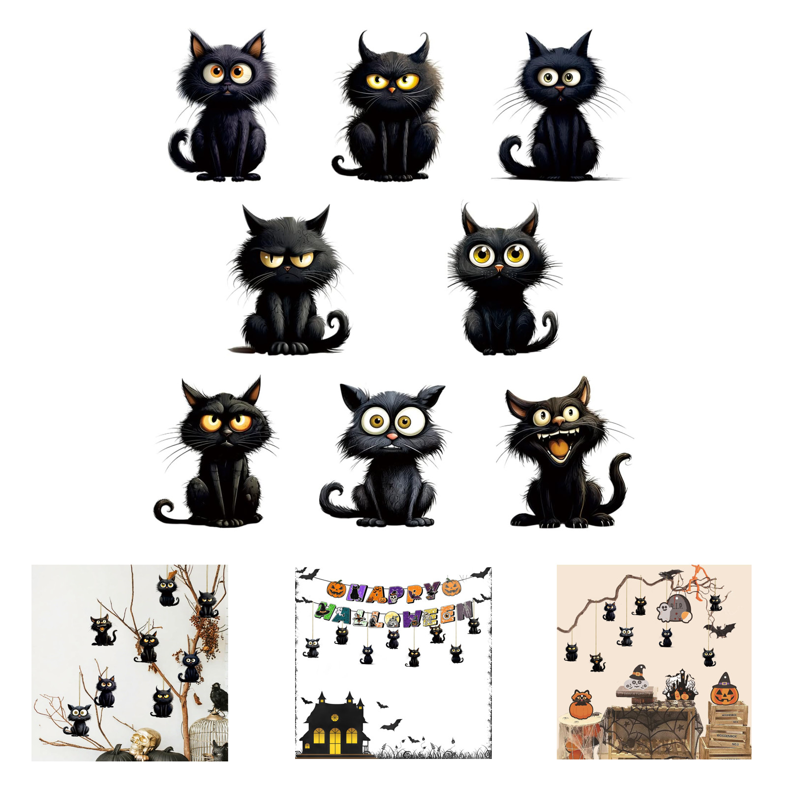 Halloween Tree Decorations 8 Pcs Black Cat Acrylic Ornaments Cute Mini Hanging