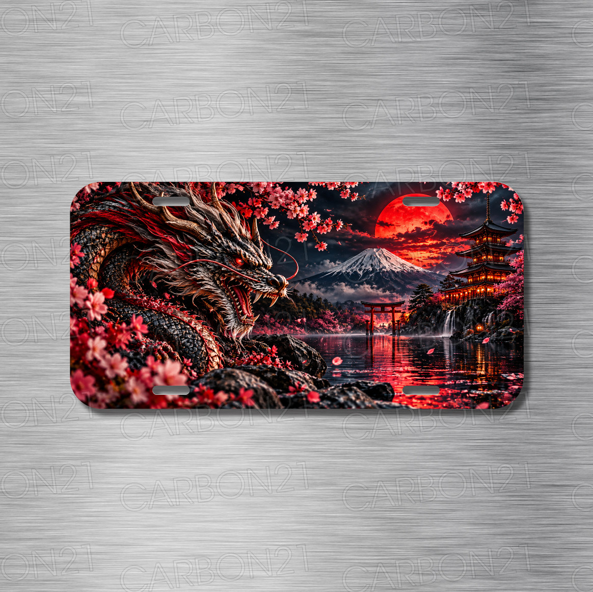Red Dragon Japan Japanese Red Moon Cherry Tree License Plate CAR SUV Truck
