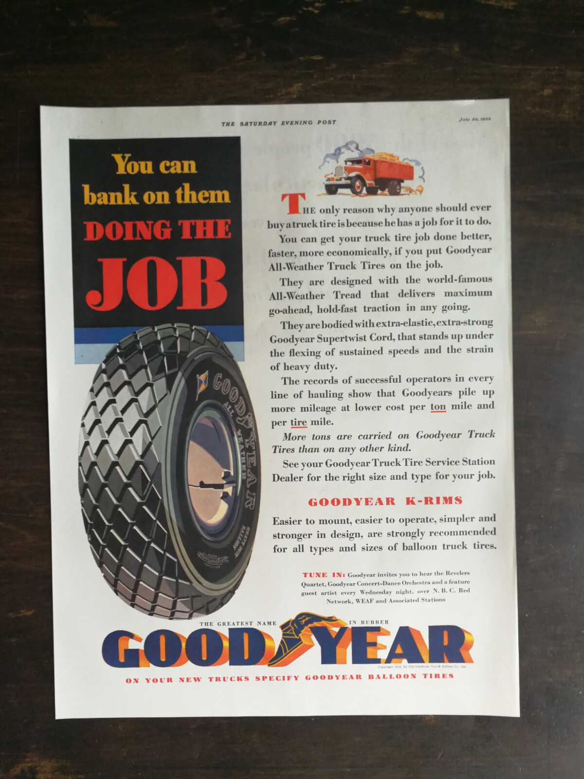 Vintage 1932 Goodyear Good Year Supertwist Cord Tires Full Page Original Ad 424