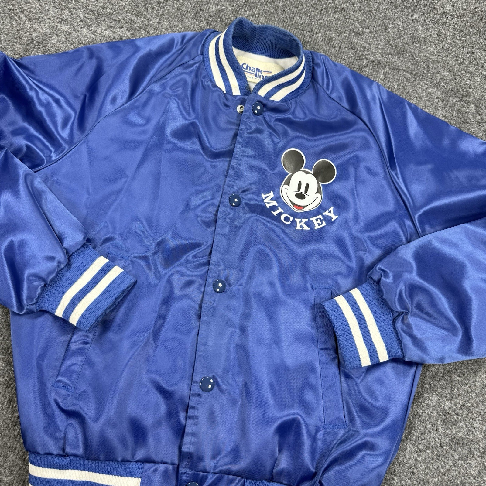 VTG Walt Disney Mickey Mouse Chalk Line Blue Satin Bomber Jacket Kids XL 18/20