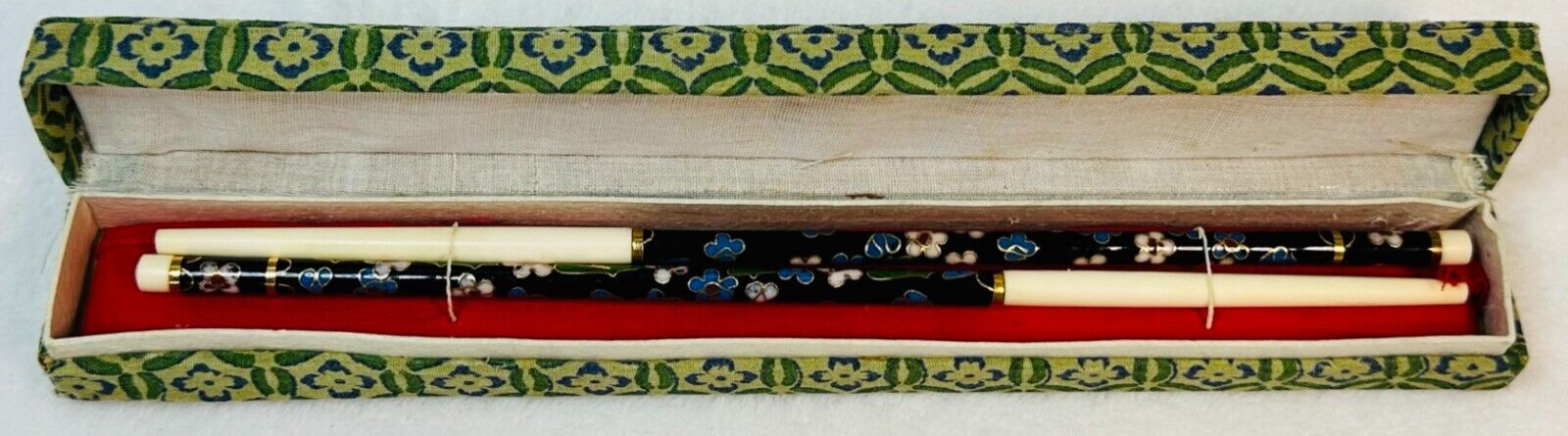 New Vintage Cloisonne Chinese Chopsticks floral enamel with box Green 8.5\