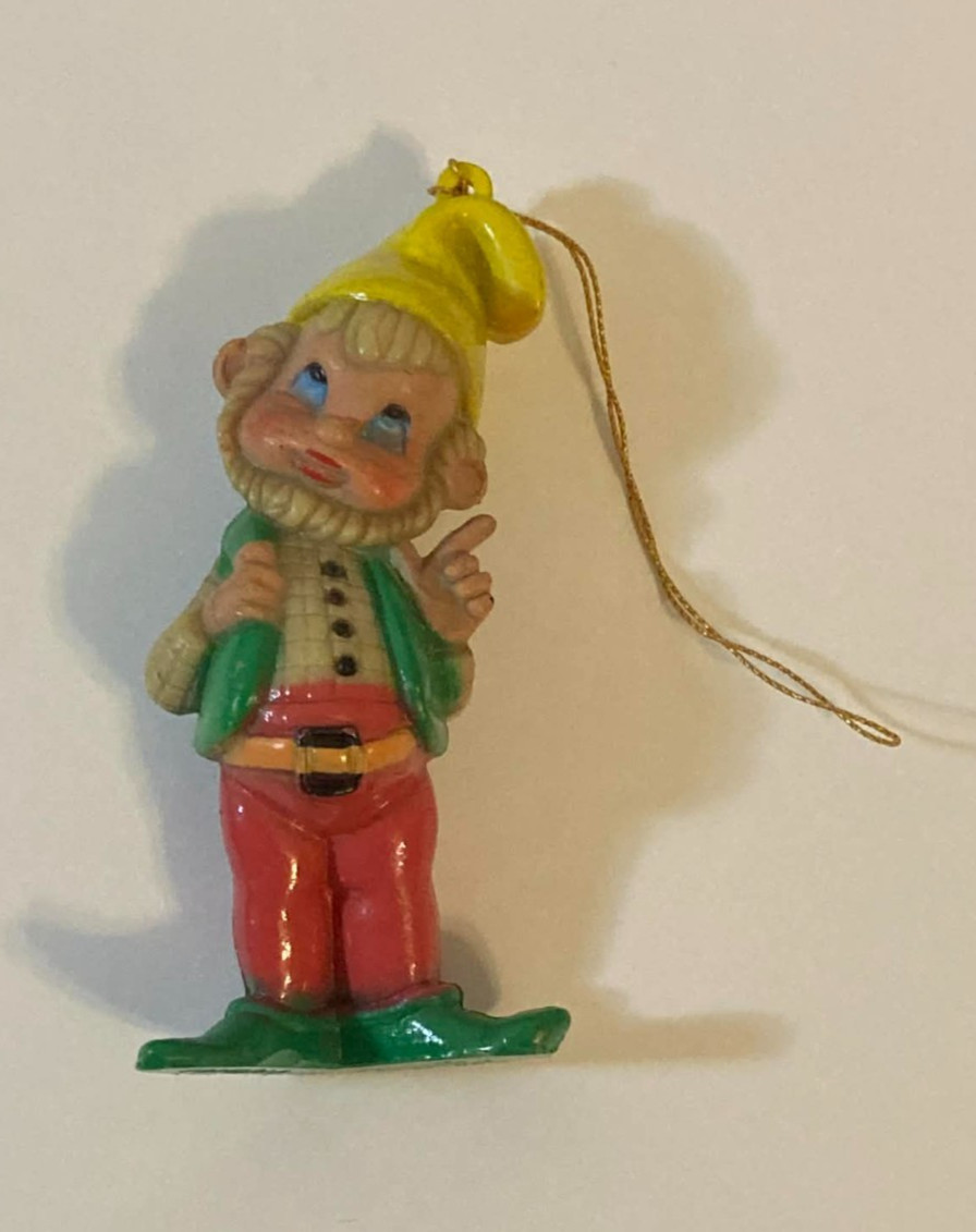 Vintage Macua Elf Christmas Tree Ornament 3” Gnome MCM Plastic Old Dwarf Figure