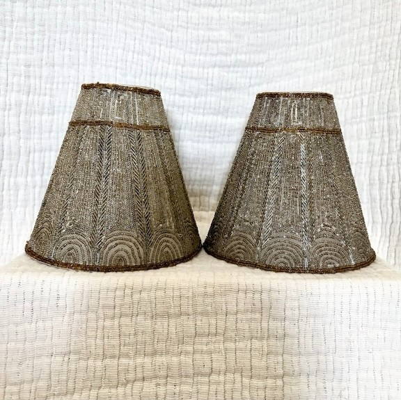 Vintage (2) 6”H Campaign Silver & Gold BEADED LAMP SHADES