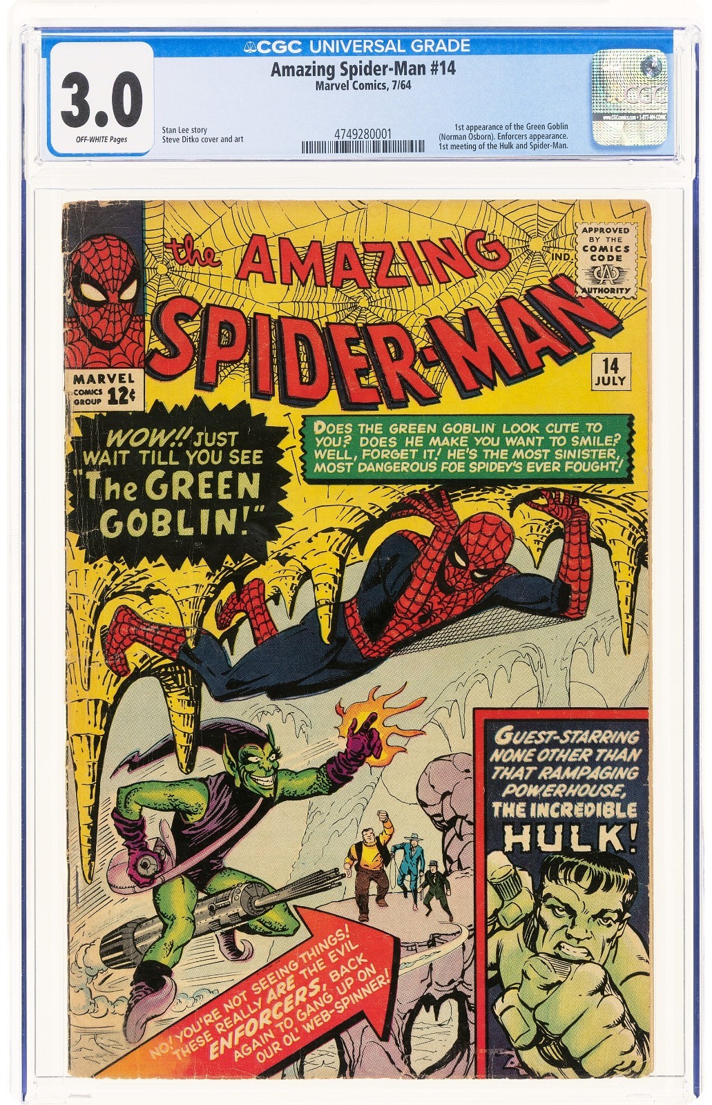 Amazing Spider-Man #14 1964 CGC 3.0 1st app Green Goblin 1st meeting Hulk 2xKEY