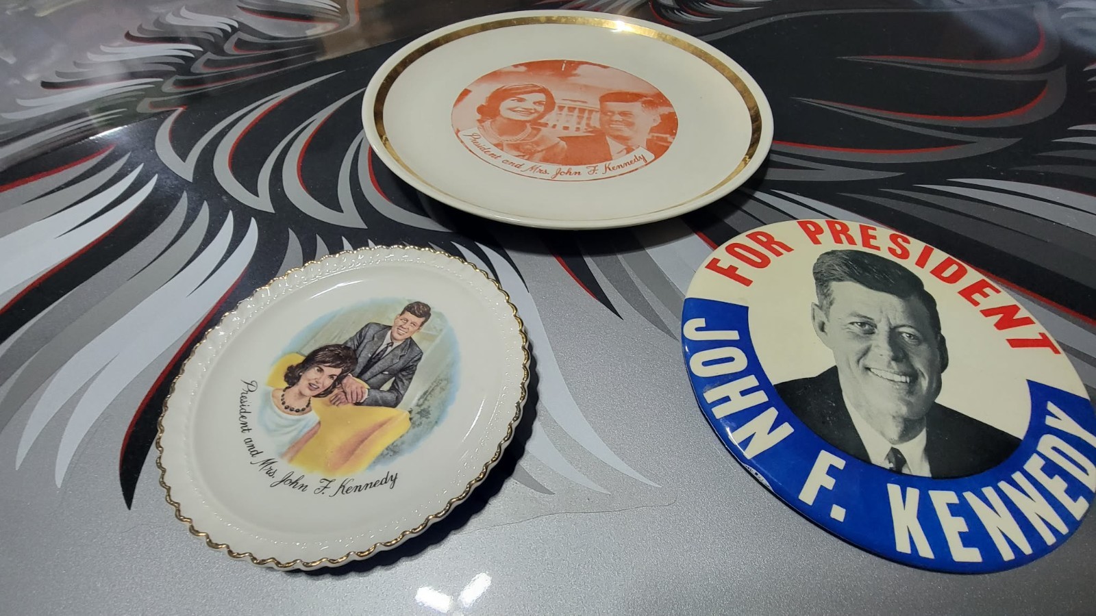 Vintage 1960s President John F Kennedy Memorabilia Plates Button  Mr Mrs Kennedy