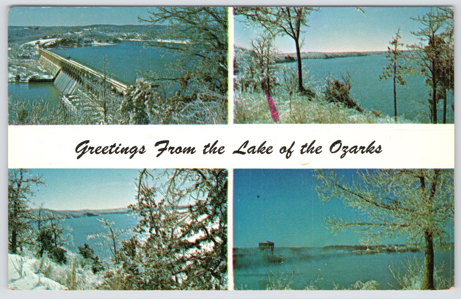 Lake of the Ozarks MO Winter Dam Snow Chrome Postcard Henry McGrew Lake of the Ozarks MO Winter Dam Snow Chrome Postcard Henry McGrew