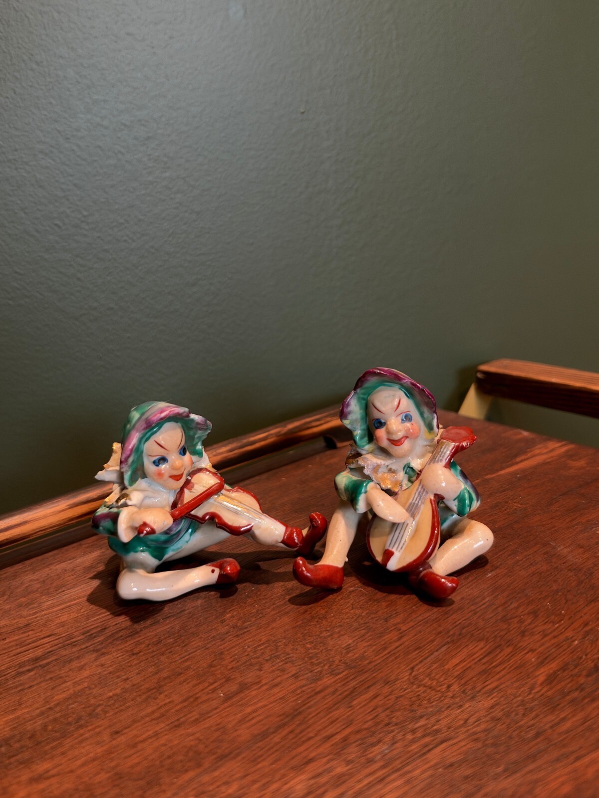 Vintage Occupied Japan Ceramic Jester Pixie Musician Figurines Set of 2