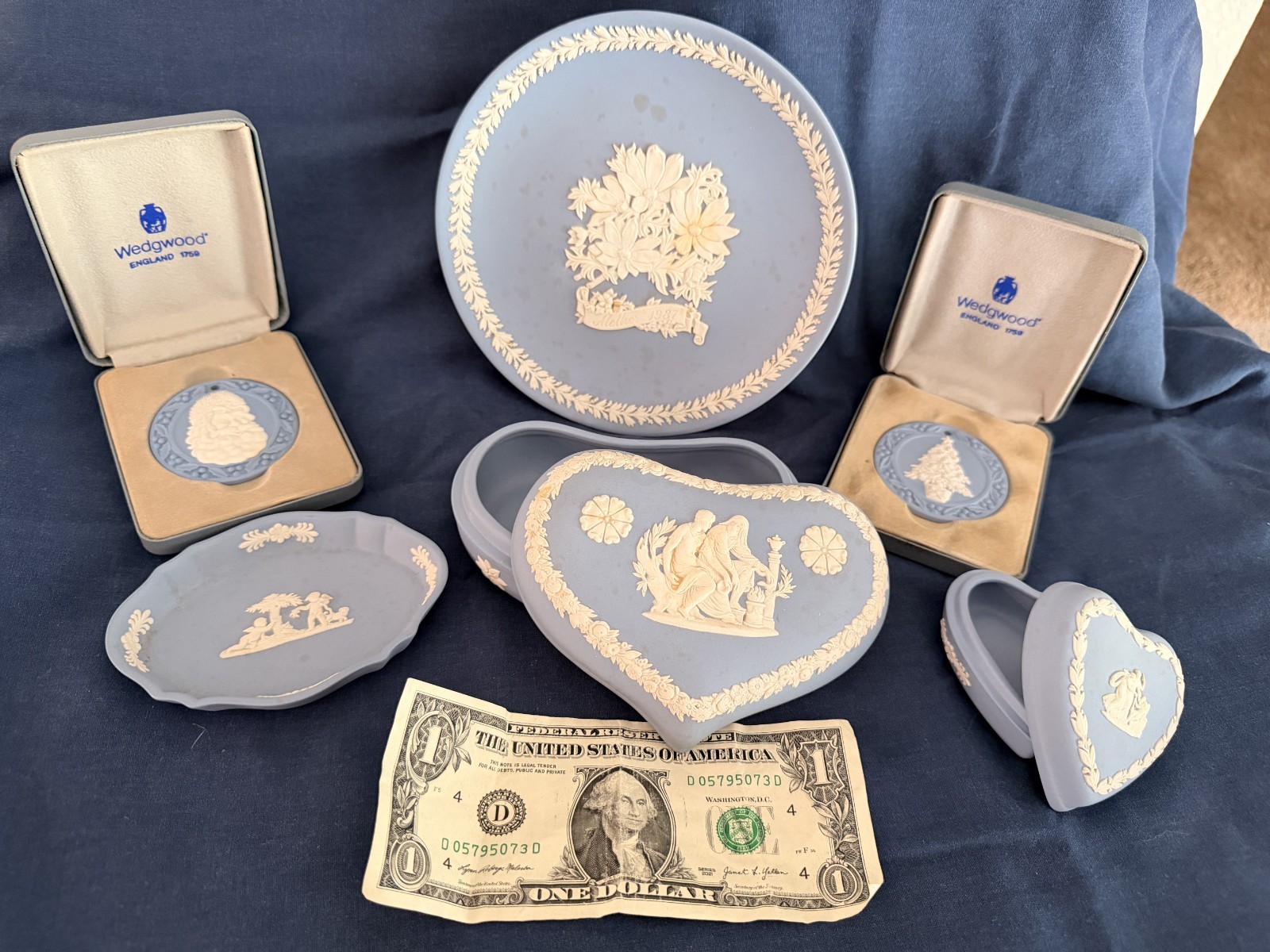 Vintage Wedgwood Blue Jasperware Collection – 7 Piece Lot – Trinket Boxes, Plate