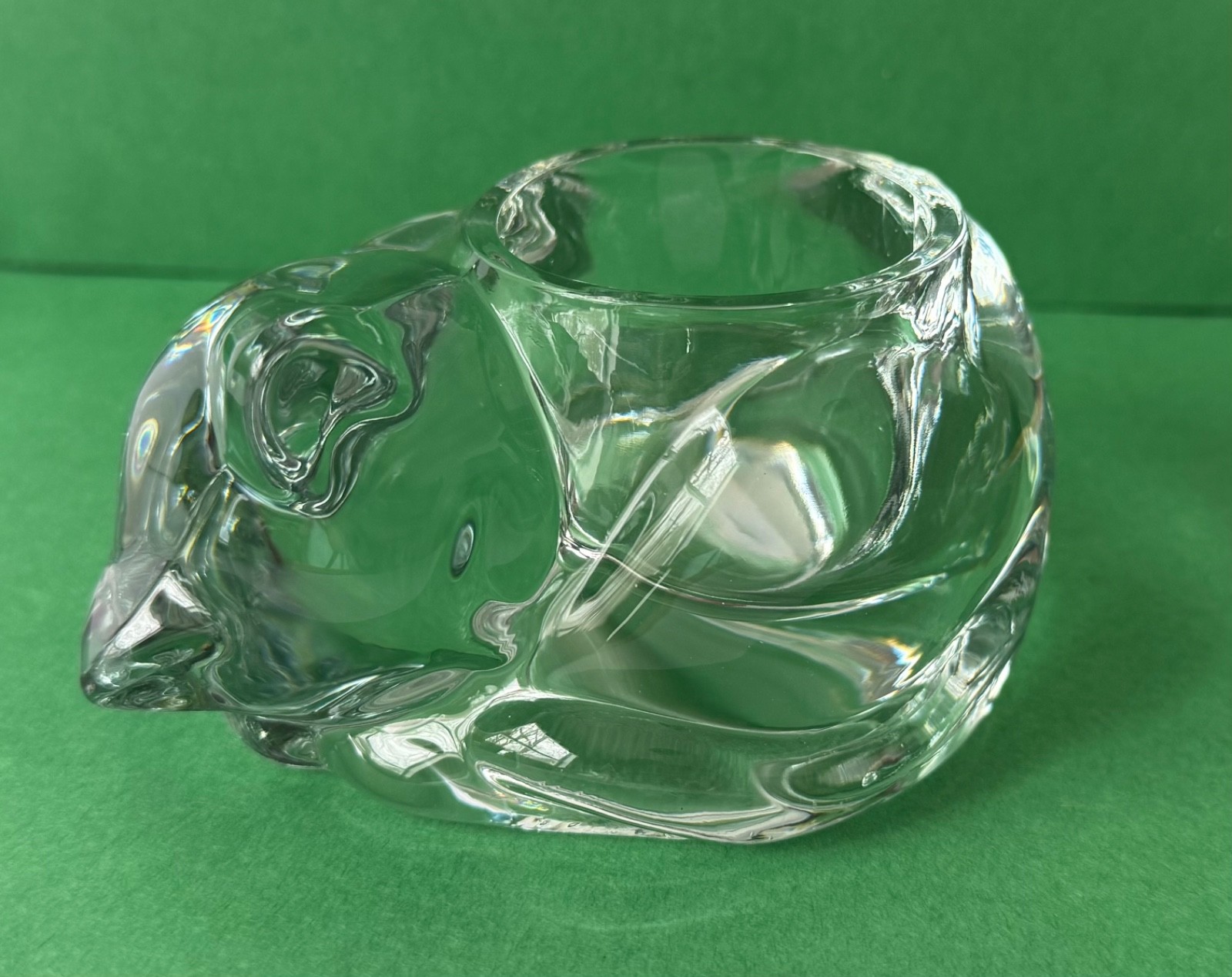 Sleeping Cat Heavy Art Glass Votive Candle Holder Clear Sculptural Kitty