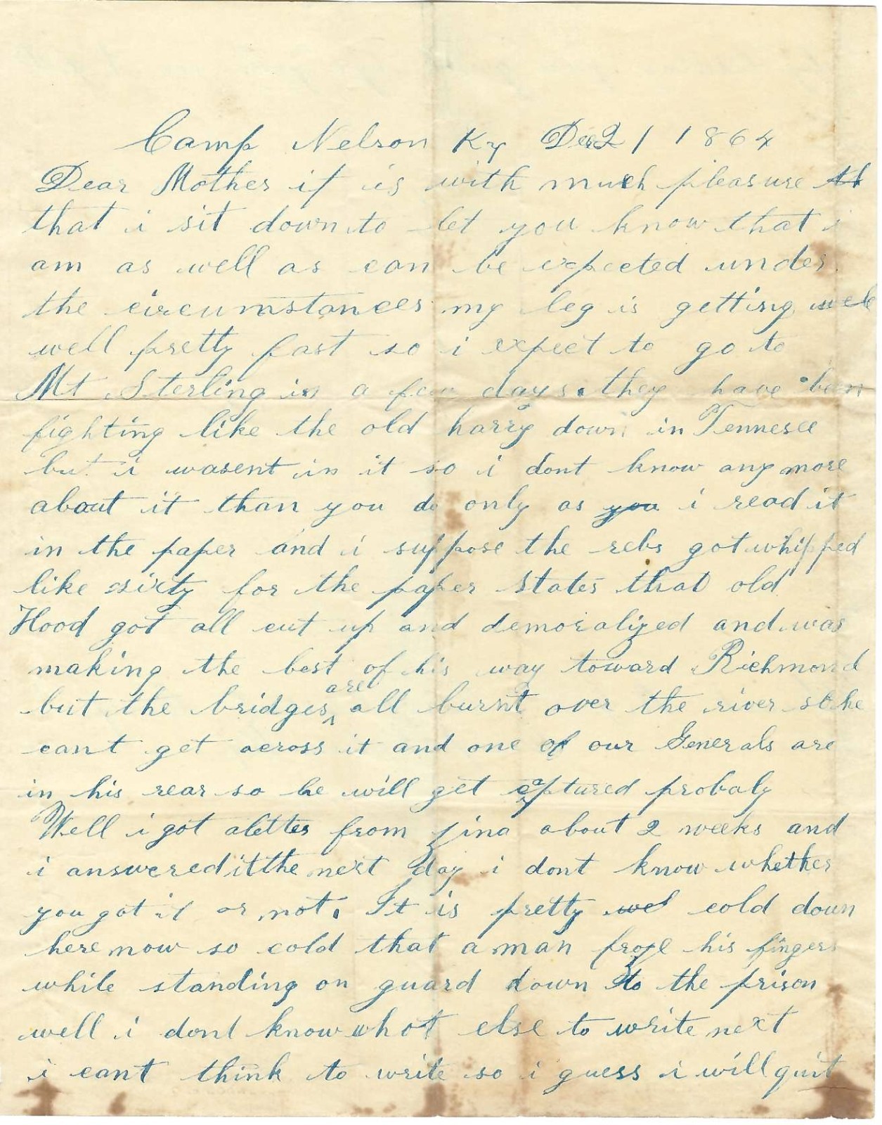 MI 8th Soldier Mentions Battle Of Nashville, Hood On The Run, Frozen Fingers