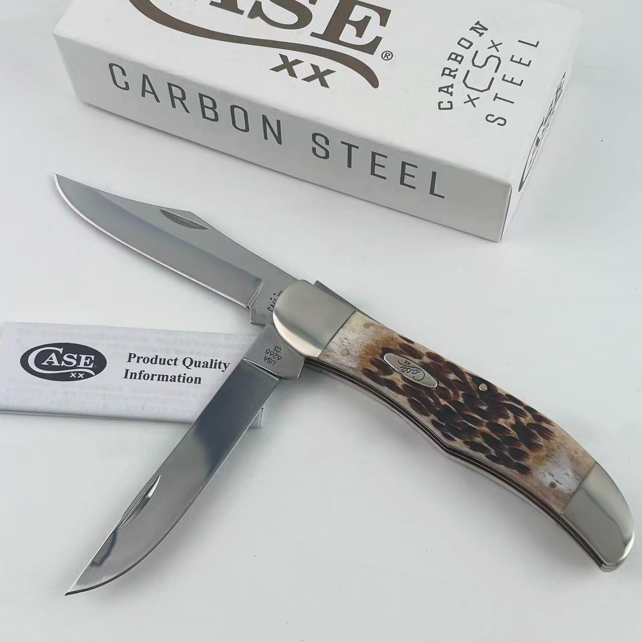 New Case xx Jigged Amber Bone Carbon Steel Folding Hunter Pocket Knife--30093