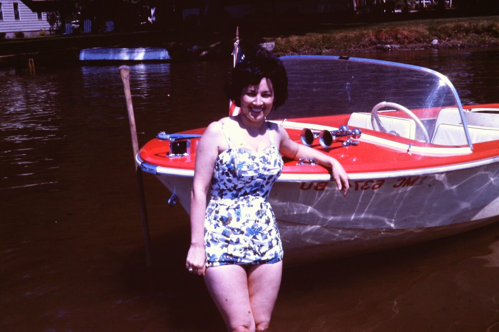 Vintage 1963 Pretty Woman Swimsuit Fashion Boat Lake 1960s 35mm Slide