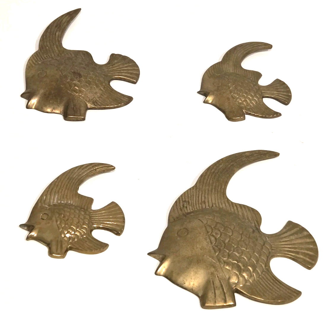 Set Of 4 Vintage MCM Solid Brass Tropical Fish Hanging Wall Art Angel Sunfish 