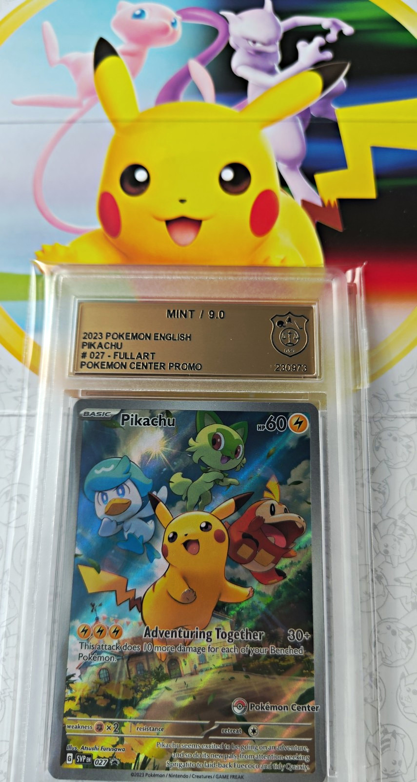 Pokemon Pikachu SVP 027 EN GSG 9 Mint Pokemon Center Stamped Full Art Slab