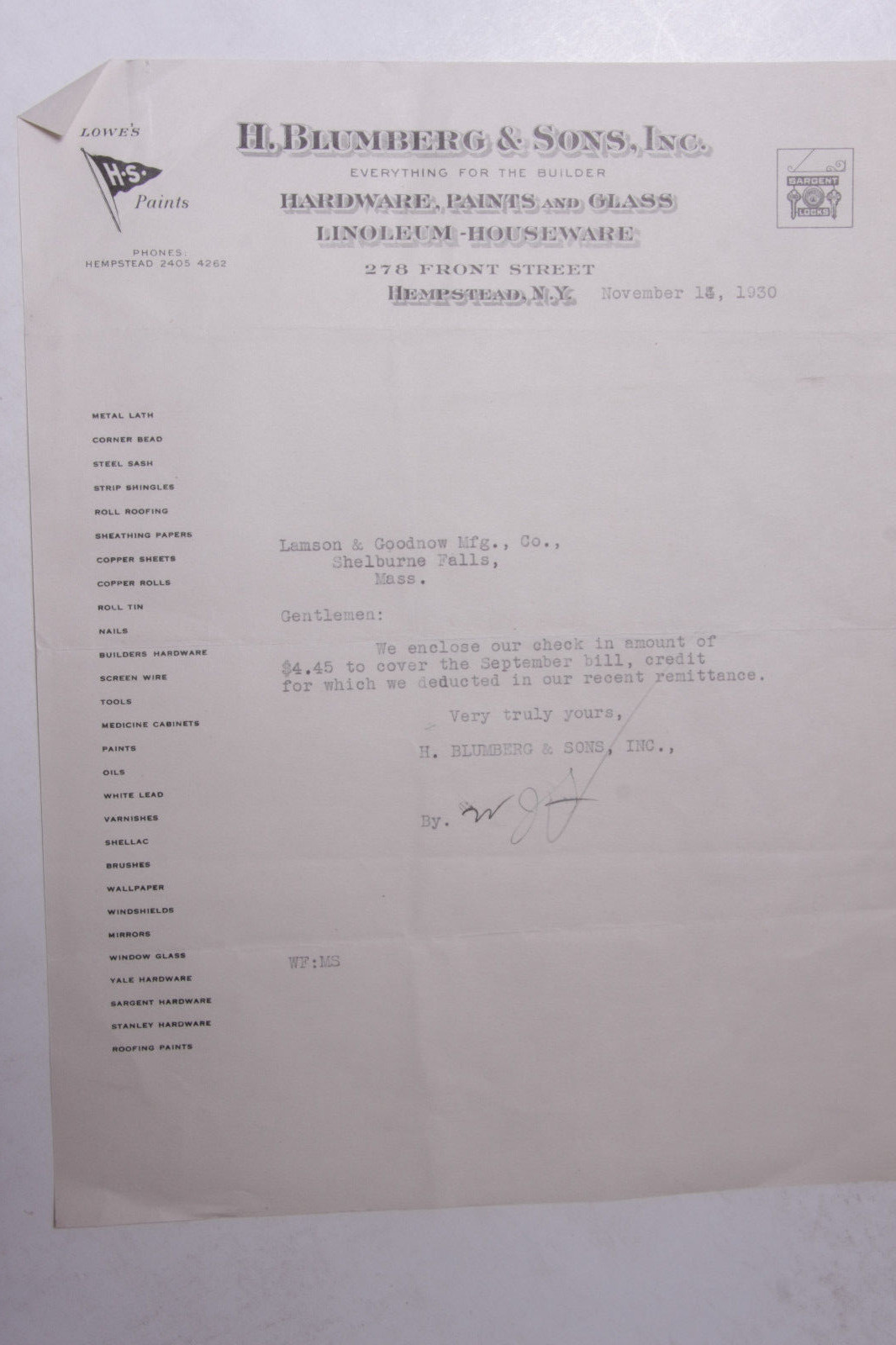 1930 Lamson Goodnow H Blumberg Sons Inc Hempstead NY Ephemera L928G
