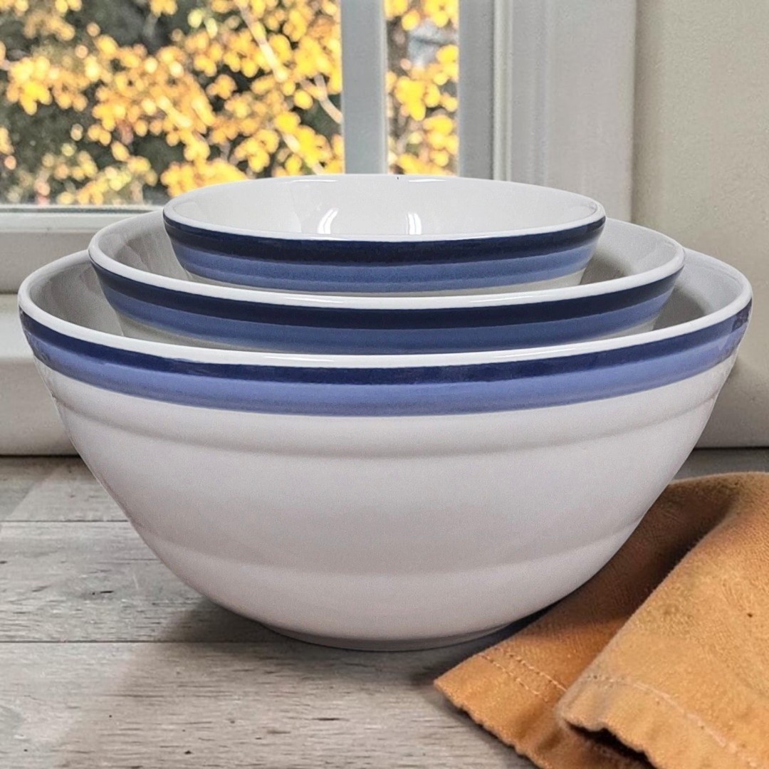 Pfaltzgraff Denim Vintage Mixing Bowl Set Blue Banded Stoneware Serving Bowls