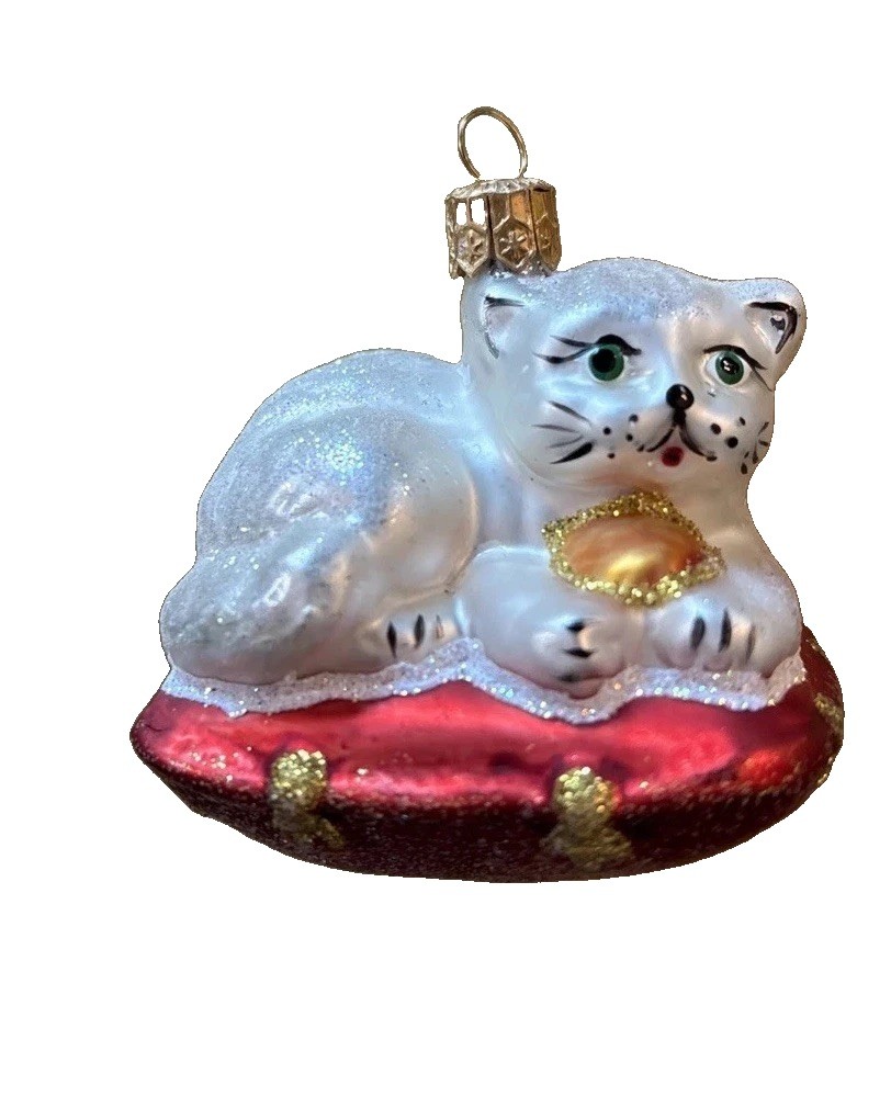 Vintage Impuls Poland Blown Glass White Cat on Red Pillow Ornament