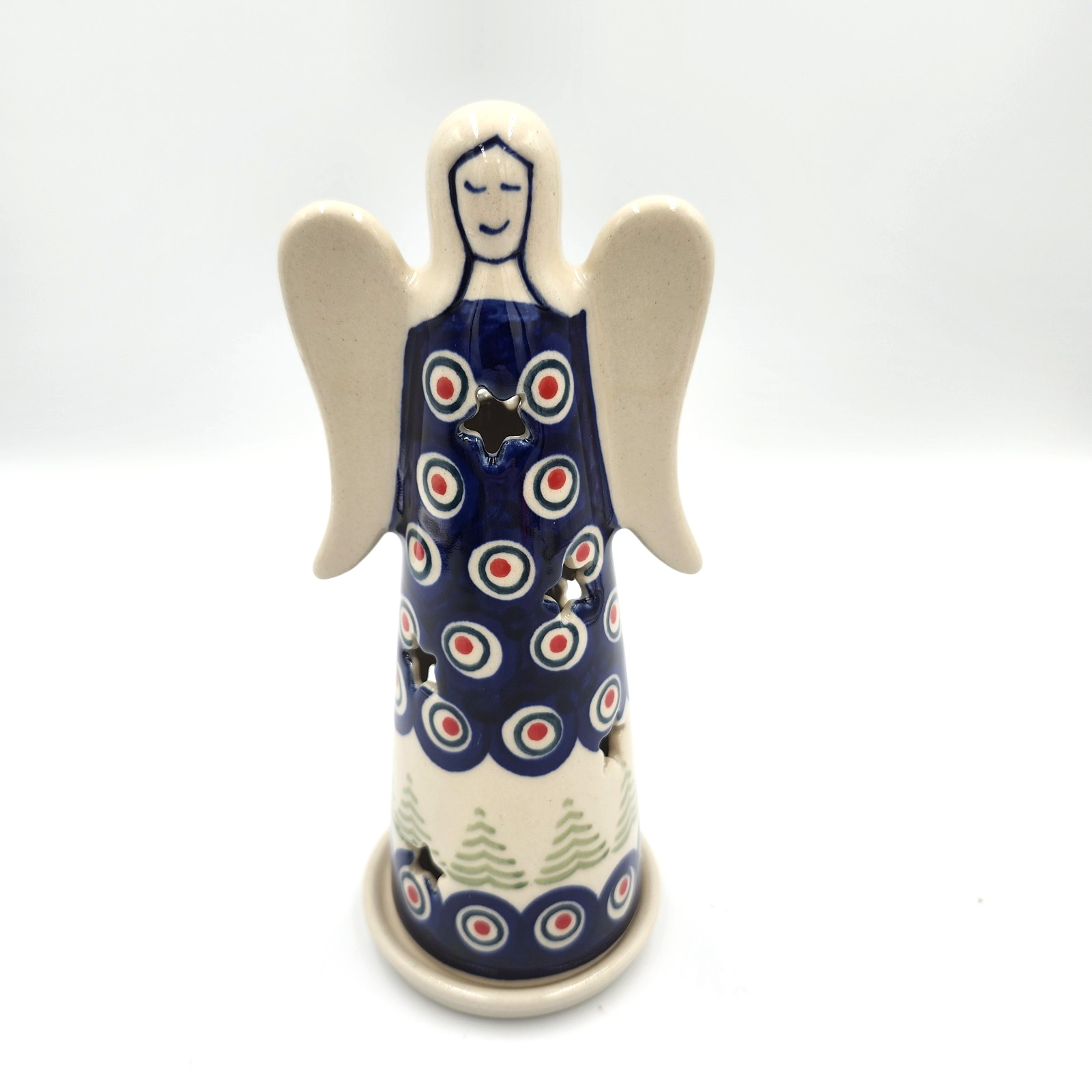 Polish Boleslaweic Pottery Christmas Luminary ANGEL Blue Peacock Leaves