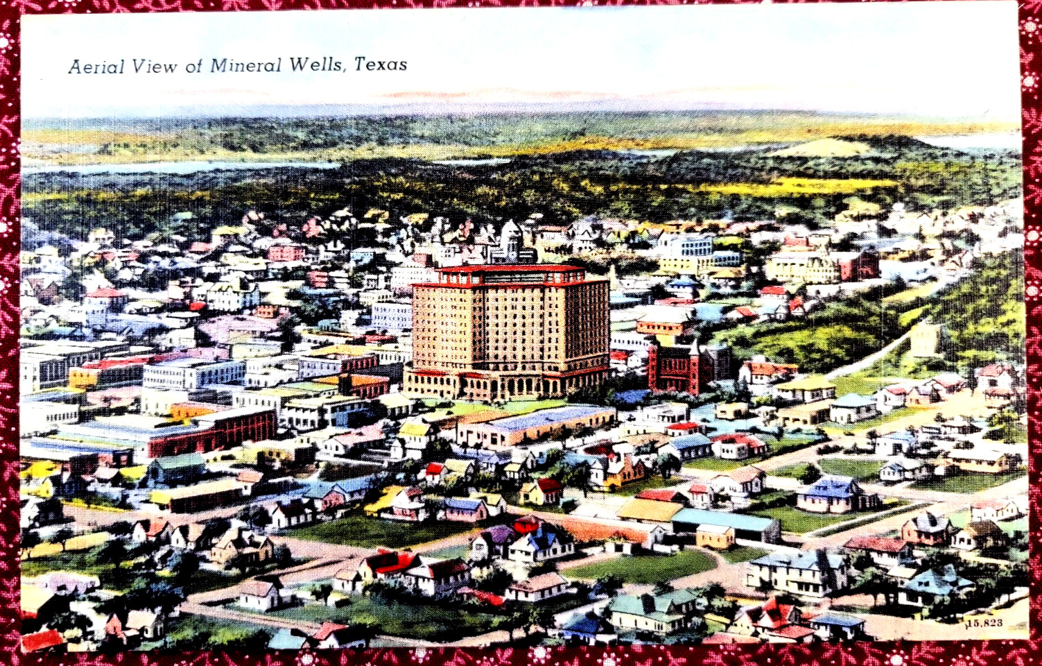 Aerial View Mineral Wells Texas 1940's Baker Hotel Colourpicture Linen Postcard