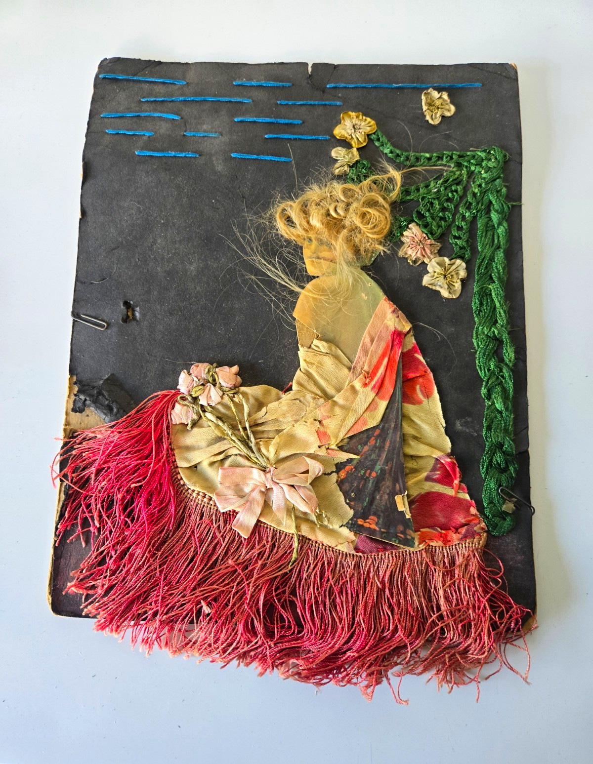 Antique Handmade Scrapbook Album Fabric Collage Cover Victorian Lady Red Fringe Antique Handmade Scrapbook Album Fabric Collage Cover Victorian Lady Red Fringe
