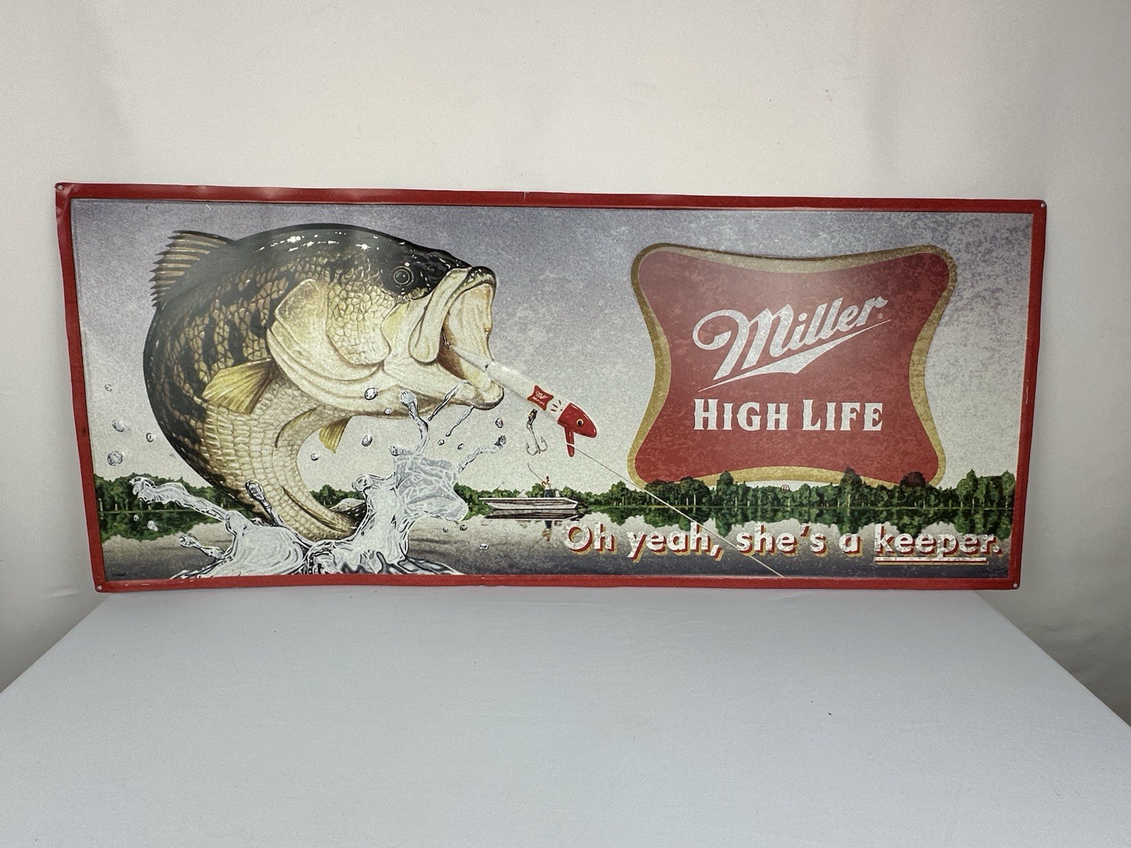 Vintage Miller High Life Metal Bass Fishing Beer Sign She\'s A Keeper 15\ Vintage Miller High Life Metal Bass Fishing Beer Sign She\'s A Keeper 15\