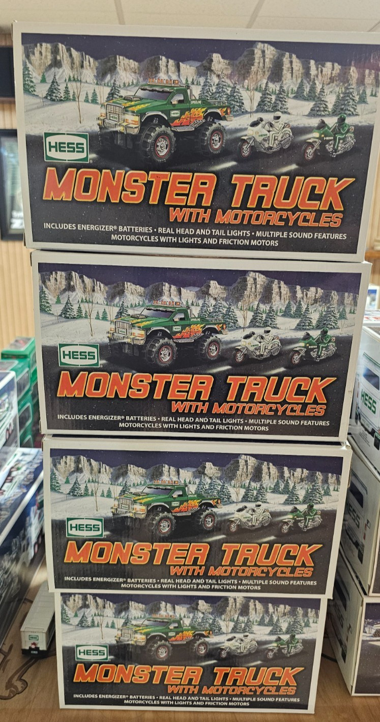 2007 HESS MONSTER TRUCK WITH MOTORCYCLES UNOPENED, CASE LOT of 4