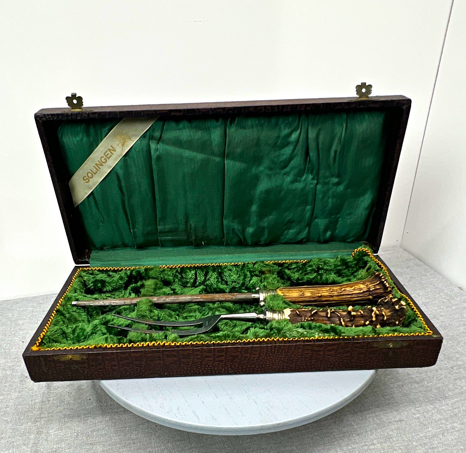 Vintage Solingen Germany Stag Horn 2-Pc Carving Set Fork Sharpener Rust As Is 