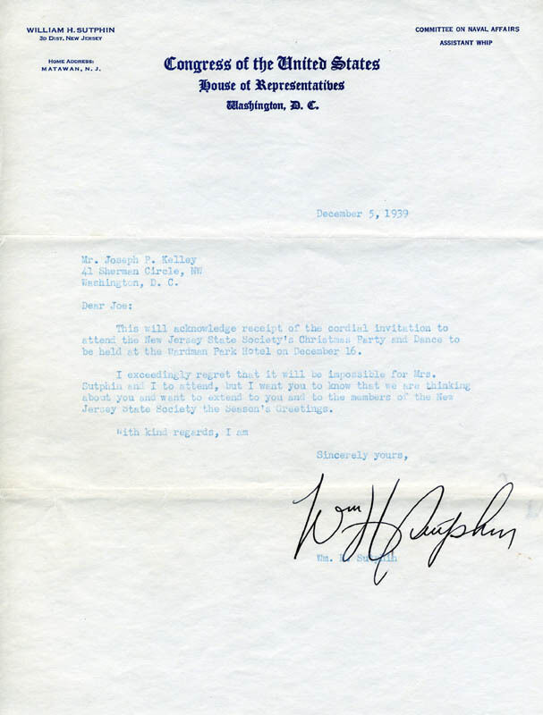 WILLIAM H. SUTPHIN - TYPED LETTER SIGNED 12/05/1939