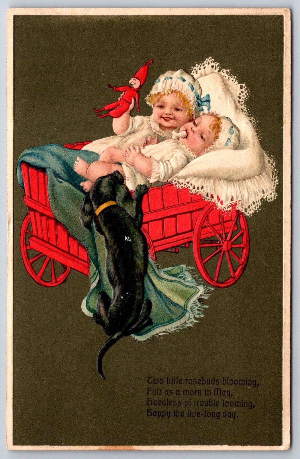 PFB Marie Flatscher~Dachshund Peeks At Babies In Red Wagon~Jester Doll~1912