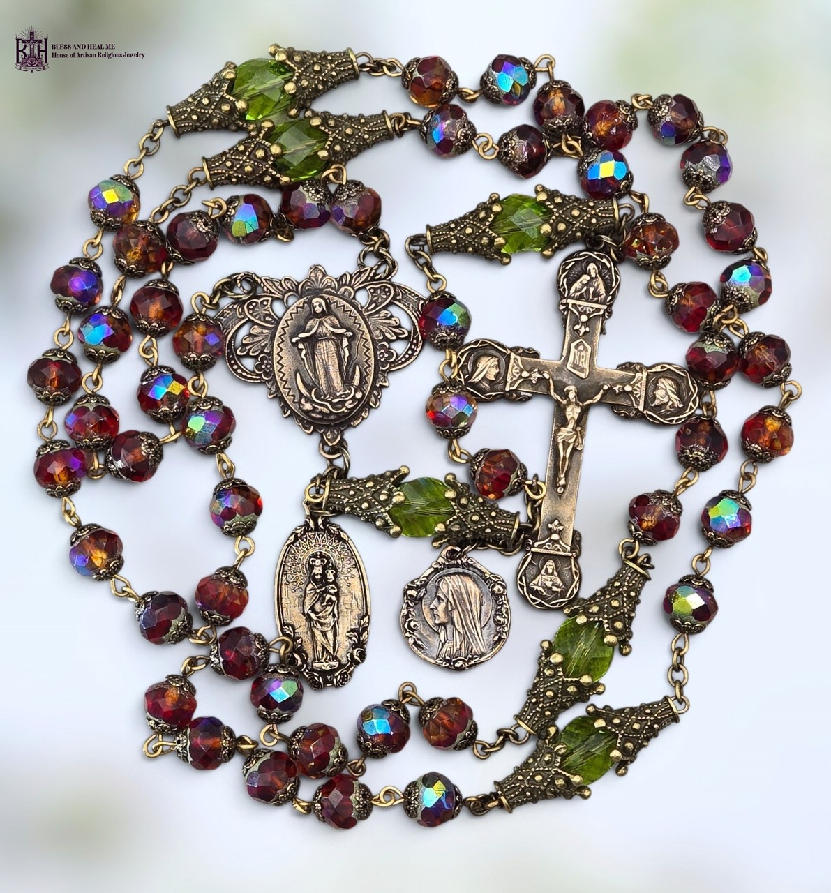 Miraculous Mary Lourdes Lady of the Pillar Rosary -Bronze Heirloom| Czech Glass